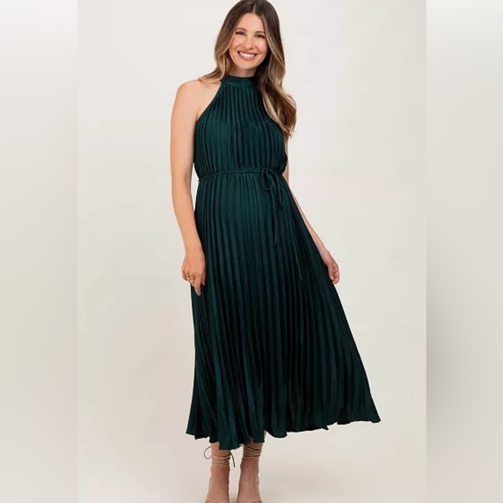 PinkBlush Pleated Halter Dress in Forest Green